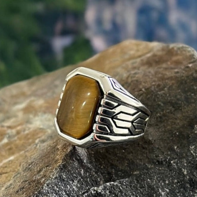 Retro Men Oval Tiger Eye Stone Stainless Steel Biker Punk Ring Band