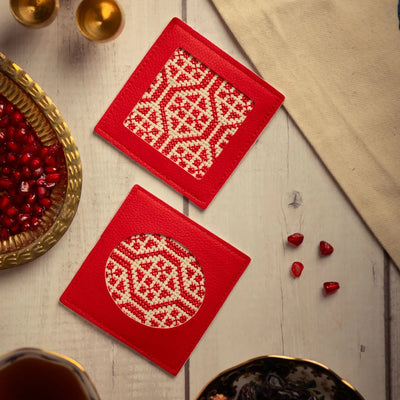 Palestinian-Made Tatreez Coaster - Red (2pc Set)