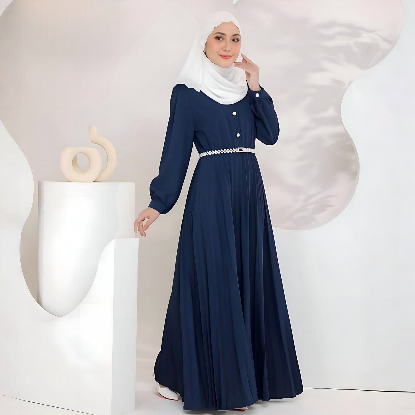 Modest Fashion Navy Blue Pleated Dress