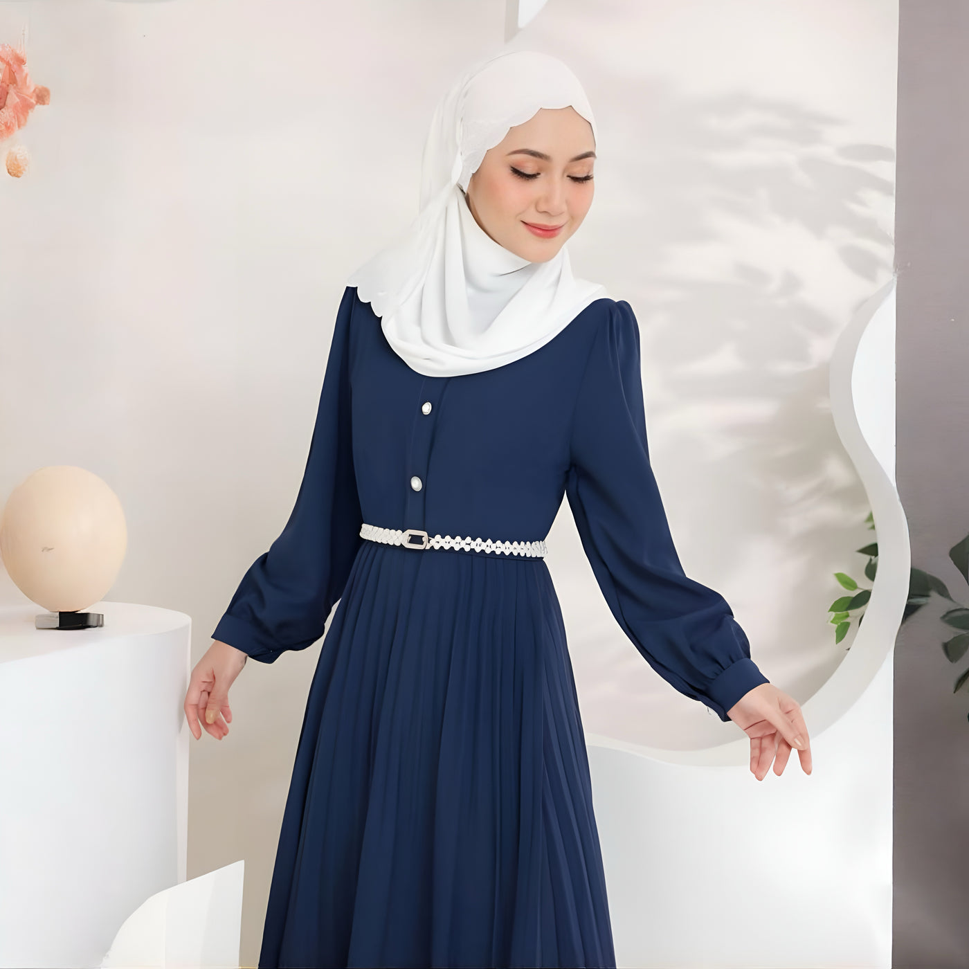 Modest Fashion Navy Blue Pleated Dress