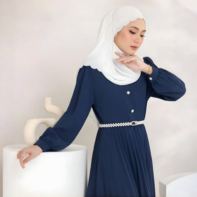 Modest Fashion Navy Blue Pleated Dress