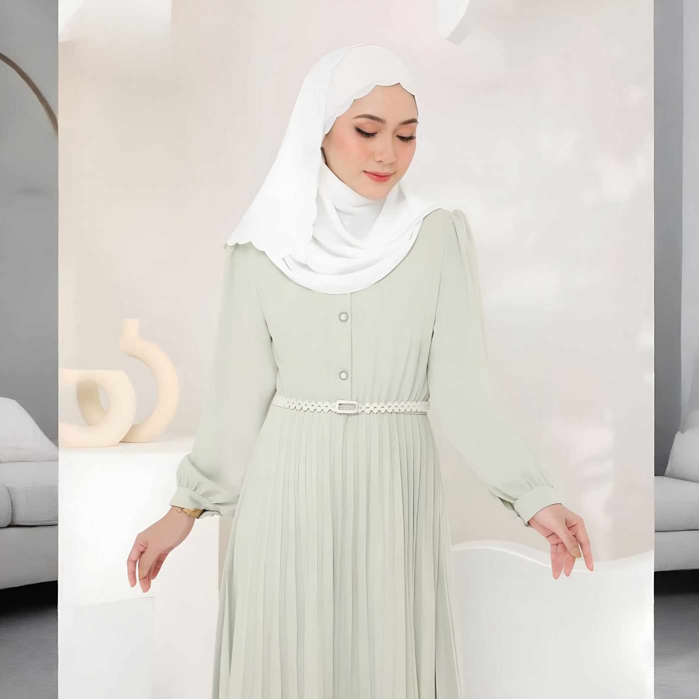 Modest Fashion Tea Green Pleated Dress