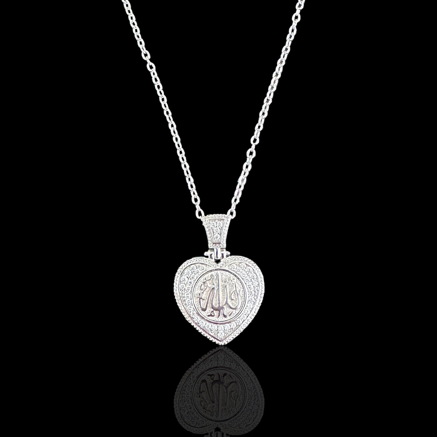 Sterling Silver CZ Allah Heart Pendant Necklace