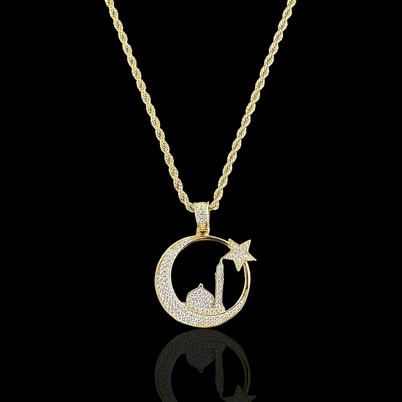 Sterling Silver CZ Masjid An-Nabawi Star & Crescent Pendant Necklace