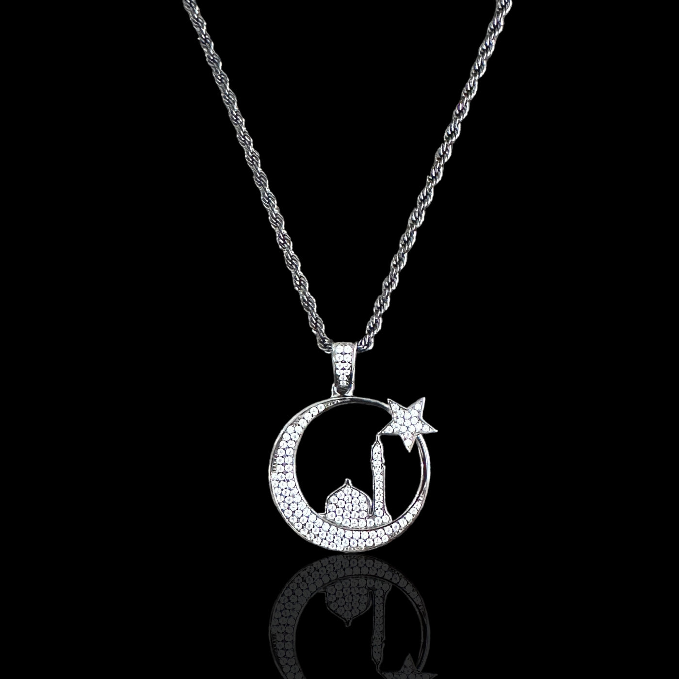 Sterling Silver CZ Masjid An-Nabawi Star & Crescent Pendant Necklace