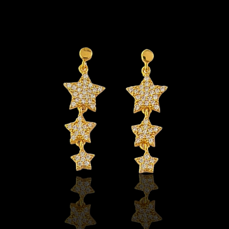 21K Solid Gold Dangle CZ Star Earrings