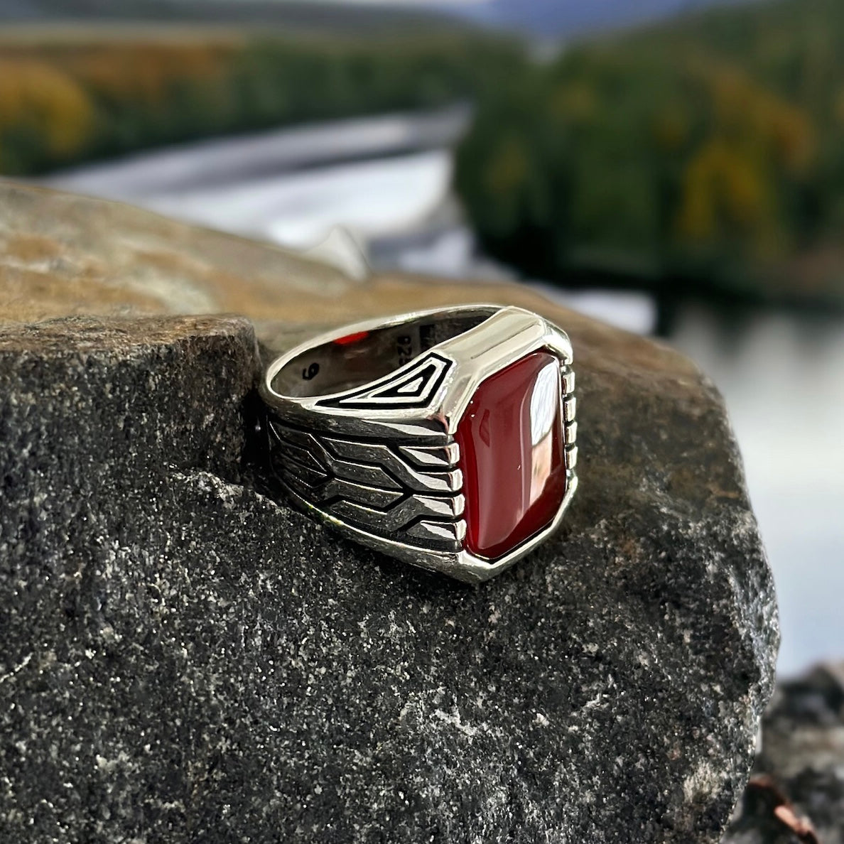Sterling Silver Aqeeq Red Agate Stone Ring