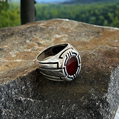 Sterling Silver Aqeeq Red Agate Stone Ring