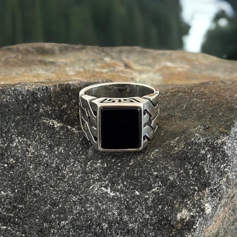 Sterling Silver Aqeeq Black Onyx Agate Stone Ring