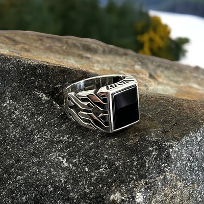 Sterling Silver Aqeeq Black Onyx Agate Stone Ring