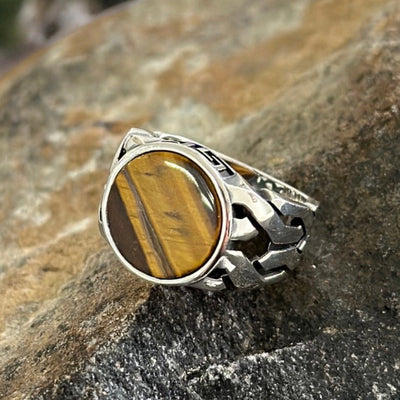 Sterling Silver Aqeeq Tiger Eye Agate Stone Ring