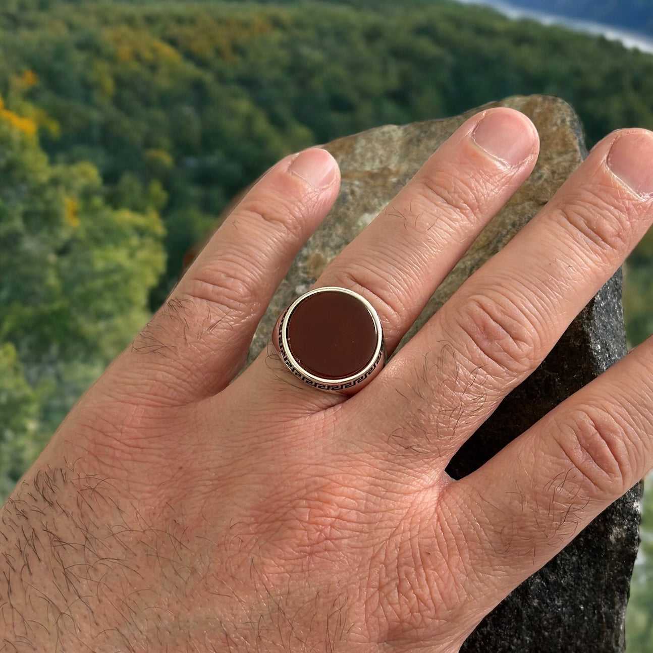 Sterling Silver Aqeeq Red Agate Stone Ring